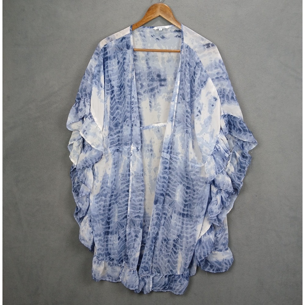 Blue Island Kimono Cover Up Womens 1X Blue White Tie Dye Frayed Edges Open Front